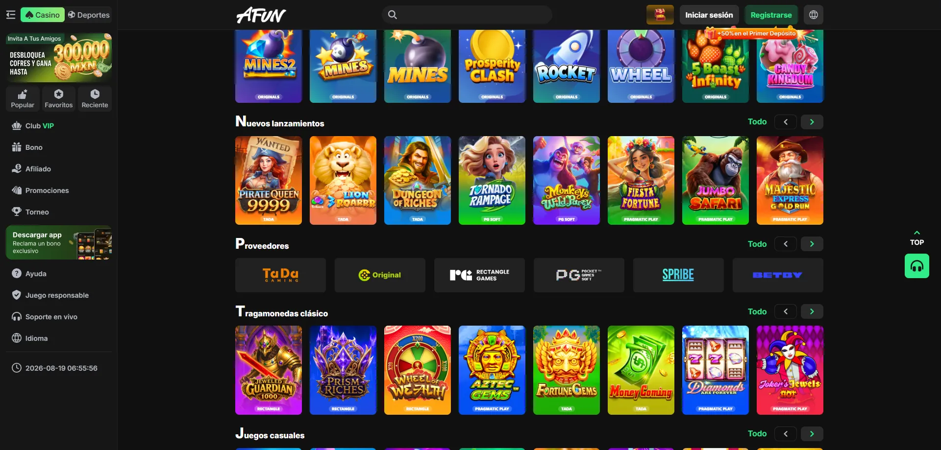 Juegos de casino disponibles en la app móvil de AFUN