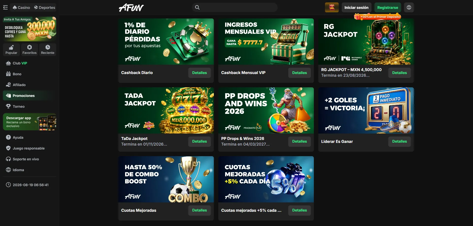 Bono de bienvenida AFUN Casino — 50% en el primer depósito MX