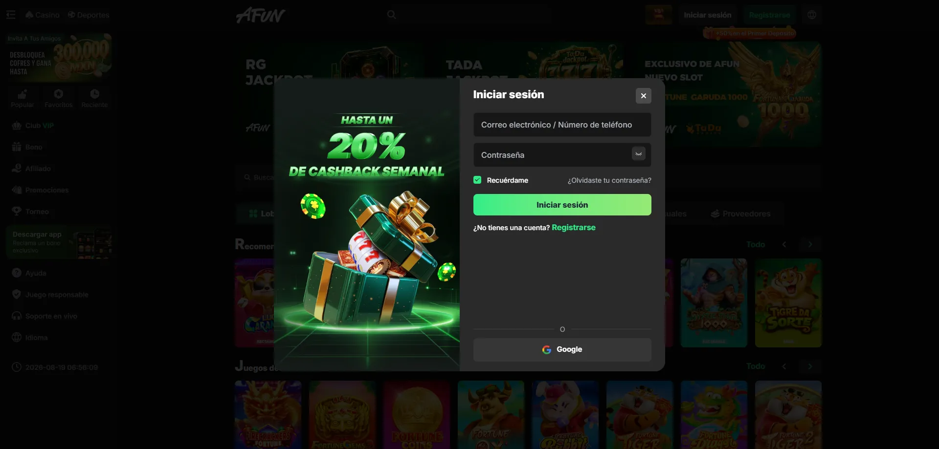 Panel de cuenta AFUN Casino para gestionar retiros en México