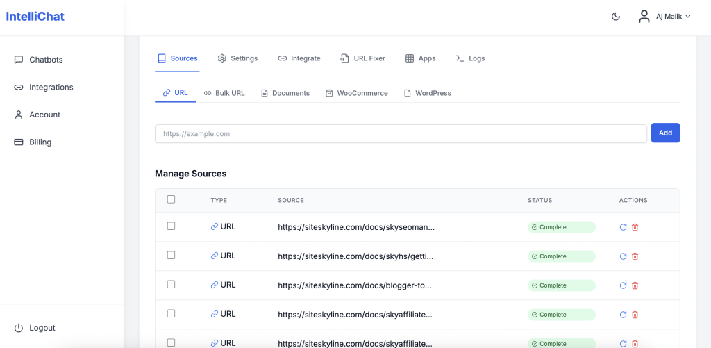 Indexed Source in Intellichat Chatbot